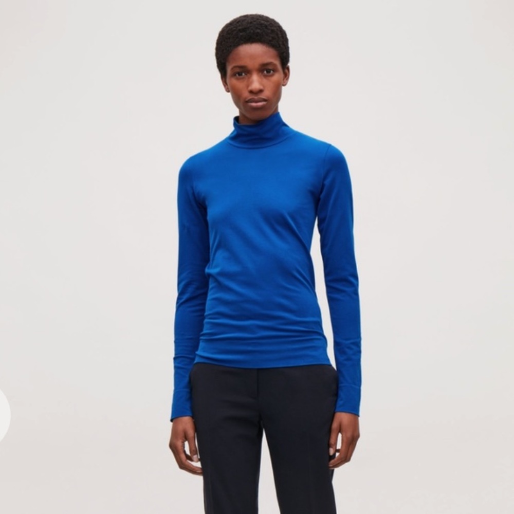 COS Seamless turtleneck jersey cobalt blue long-sleeve top XS S NWOT
